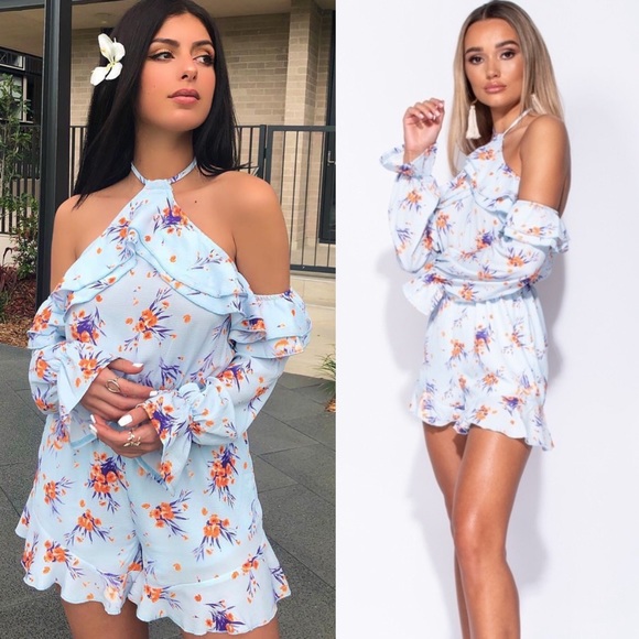 Tahitian Goddess Blue Floral Cold Shoulder Romper - Picture 9 of 9